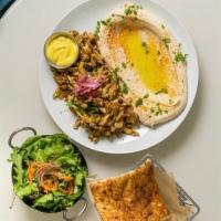 CHICKEN SHAWARMA PLATE · chicken thighs, pickled onions, hummus, served with mixed greens salad, amba aioli and pita
...