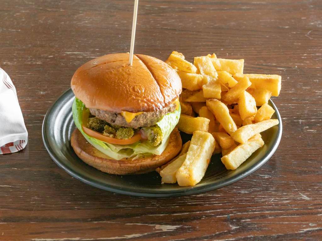 Classic Cloud Burger · Ground Chuck, American Cheese, Butter Lettuce, Tomato, Pickled Onion, House Made Pickles, Chipotle Aioli, Brioche Bun, Fries