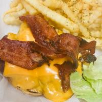 Bacon Cheddar Burger · ground beef, cheddar cheese, bacon, lettuce, mayo, ketchup and fries