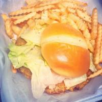 Salmon Burger · salmon patty, spicy mayo, lettuce and sweet potato fries 