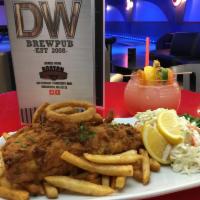 DW Beer Battered Fish & Chips · Fresh whole haddock fillet, hand battered, golden fried with DW granny smith coleslaw, pub f...