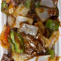 75. Pepper Steak · Stir fried steak with vegetables and a savory sauce.
