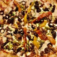 Fire Roasted Veggie Pizza · Peppers, red onions, sauteed mushrooms and black olives.