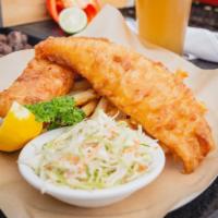 Waxy's Fish and Chips · Beer battered local haddock served with fries, coleslaw and tartar sauce and lemon.