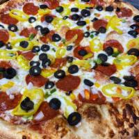 Supreme Pizza  · Pepperoni, onion, red, green, and yellow pepper, banana pepper and olives.