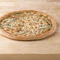 Spinach Alfredo Pizza · Rich and creamy blend of spinach and garlic Parmesan Alfredo sauce with mozzarella cheese.