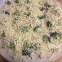 Chicken Broccoli Alfredo Pizza · No tomato sauce with chicken tenders, broccoli, cream sauce, Romano and mozzarella cheese.