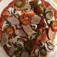 Caliante Pizza · Mushrooms, sausage and hot cherry peppers with sauce and cheese.