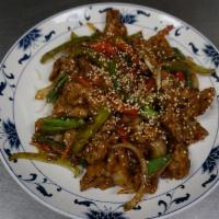 93. Mongolian Beef · Beef, bell pepper, carrots and yellow onions. Sauteed in brown sauce. Spicy.