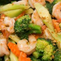 109. Sauteed Shrimp with Mixed Vegetables · Shrimp, cabbage, carrots, snow peas, broccoli, white mushrooms, water chestnuts and baby cor...