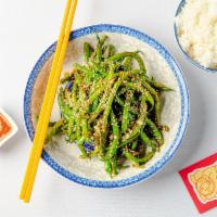 Sauteed String Beans · Stir fried string beans in a spicy hoisin sauce. Gluten-free, vegetarian, and vegan