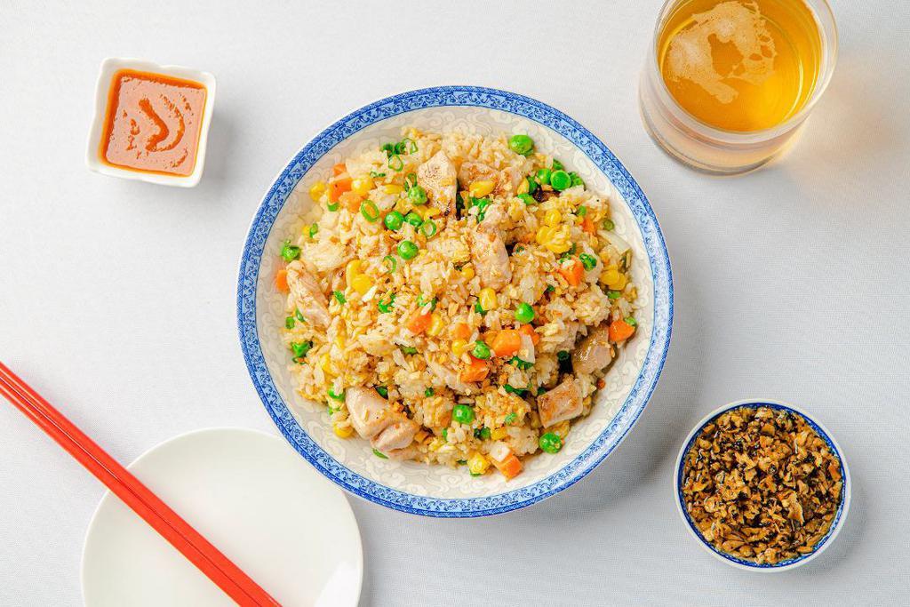 Fried Rice (Chicken) · Golden fried rice with diced chicken, eggs, onions, peas, carrots, and scallions. Gluten-free