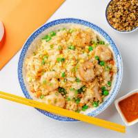 Fried Rice (Shrimp) · Golden fried rice with shrimp, eggs, onions, peas, carrots, and scallions. Gluten-free