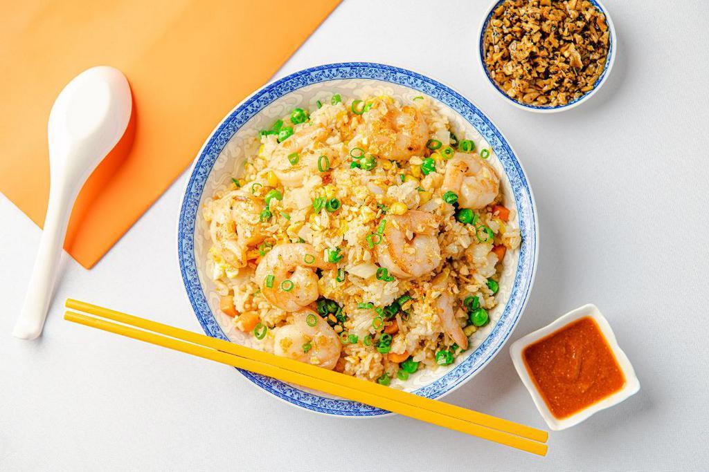 Fried Rice (Shrimp) · Golden fried rice with shrimp, eggs, onions, peas, carrots, and scallions. Gluten-free