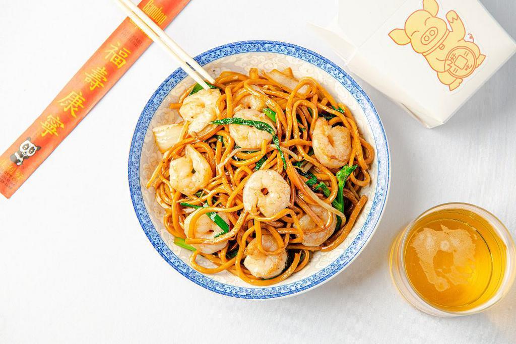 Chow Mein (Shrimp) · Stir fried noodles with shrimp, cabbage, Chinese broccoli, onions, scallions, and bean sprouts