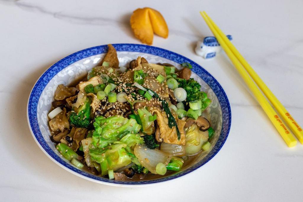 Buddha's Delight · Braised Hodo Soy tofu, yuba, umami rich shiitake and oyster mushrooms, a rich aromatic sauce, and a fresh assortment of colorful veggies. Gluten-free, vegetarian, and vegan