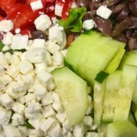 Greek Salad · Romaine lettuce, red onions, Greek olives, red bell peppers, fresh tomatoes, feta cheese, cu...