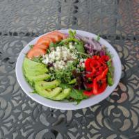 OVÉ’S Favorite Salad · Spring mix and arugula, onion, tomato, goat cheese, roasted red bell pepper, avocado.