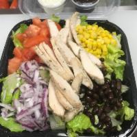BBQ Chicken Salad · Romaine hearts, onion, tomato, corn, black beans, grilled chicken breast, noodles with ranch...