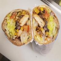 BBQ Chicken Wrap · Served with red onions, black beans, corn, tomatoes, romaine lettuce, ranch, and BBQ dressing.