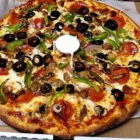 Supremo Pizza · 6 slices. Serves 1-2. Homemade tomato sauce, Mozzarella cheese, pepperoni, mushrooms, red on...