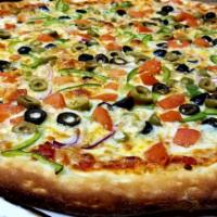 Veggie Lovers Pizza · 6 slices. Serves 1-2. Homemade tomato sauce, Mozzarella cheese, mushrooms, red onions, green...