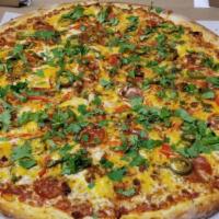 Mexican Pizza · 6 slices. Serves 1-2. Homemade tomato sauce, Cheddar cheese, Mozzarella cheese, pepperoni, j...