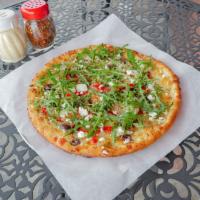 OVE's Special Pizza · Bianca sauce ( oil, garlic, basil), mozzarella, roasted red bell pepper, goat cheese, kalama...