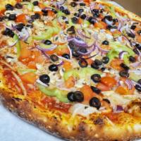 Vegan Vegetarian Pizza · Tomato sauce, vegan cheese, mushroom, onion, black olives, green pepper, tomato, garlic.

