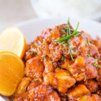 Orange Chicken · Tender chunks of chicken in a lightly battered and sauteed with hot spicy orange sauce. Hot ...