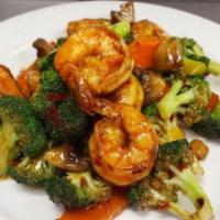 Hunan Shrimp · Shrimp with fresh broccoli, mushrooms, bamboo shoots and carrots in spicy sauce. Hot and spi...
