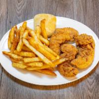 Chicken Tenders Platter · Hand-breaded chicken tenders served with honey mustard or BBQ sauce.

