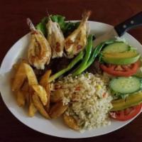 Mar y Tierra · Grilled shrimp & steak w/ rice, salad and French fries