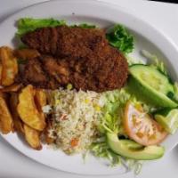 Milanesa de Res · Breaded steak served w/rice, salad and French fries