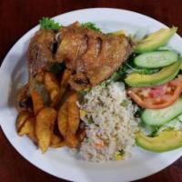 Pollo Frito con Papas · Fried chicken served w/ French fries, rice and salad
