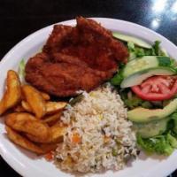 Pechuga Empanizada · Breaded chicken breast served w/ French fries, rice and salad