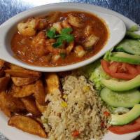 Camarones a la Diabla · Shrimp in spicy sauce served w/ rice, salad and French fries