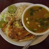 Sopa de Gallina India · Hen broth served w/ grilled hen and rice