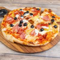 Capriciosa Pizza · Tomato sauce, fresh mozzarella, salami, ham, mushrooms, artichokes, olives.