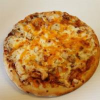 BBQ Chicken Pizza · Grilled chicken, onion, cheddar, and mozzarella cheeses with BBQ sauce.