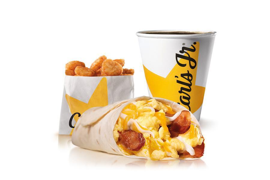 Bacon, Egg & Cheese Burrito Combo · Scrambled Eggs, Two Strips of Bacon, Shredded Cheese, Wrapped in a Warm Flour Tortilla, small hash rounds and small coffee.