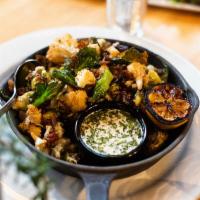 Fried Brussels Sprouts and Cauliflower · Flash-fried with bacon, blue cheese crumbles, miso-tahini, smoked sea salt, chipotle-balsami...