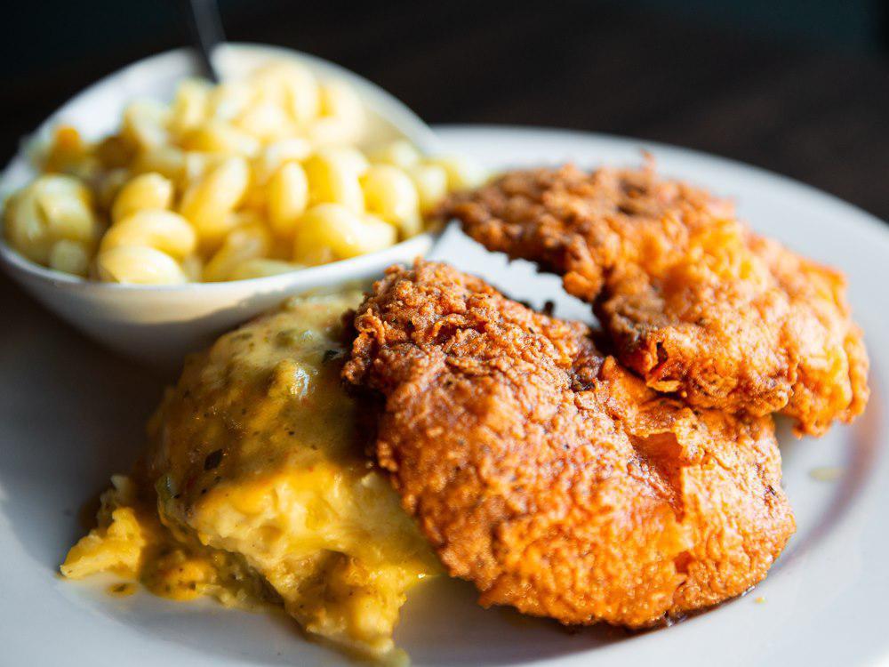 48-Hour Nashville Chicken · Fins' favorite. Marinated and hand-breaded in chef's secret blend of spices, mac and cheese, Fins' Fuji apple slaw.