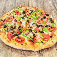 Veggie and Meat Supreme Pizza · Pepperoni, ham, sausage, mushrooms, green peppers onions and olives.