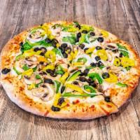 Veggie Eaters Pizza · Onions, tomato sauce, green peppers, mushrooms, olives, spinach & banana peppers.