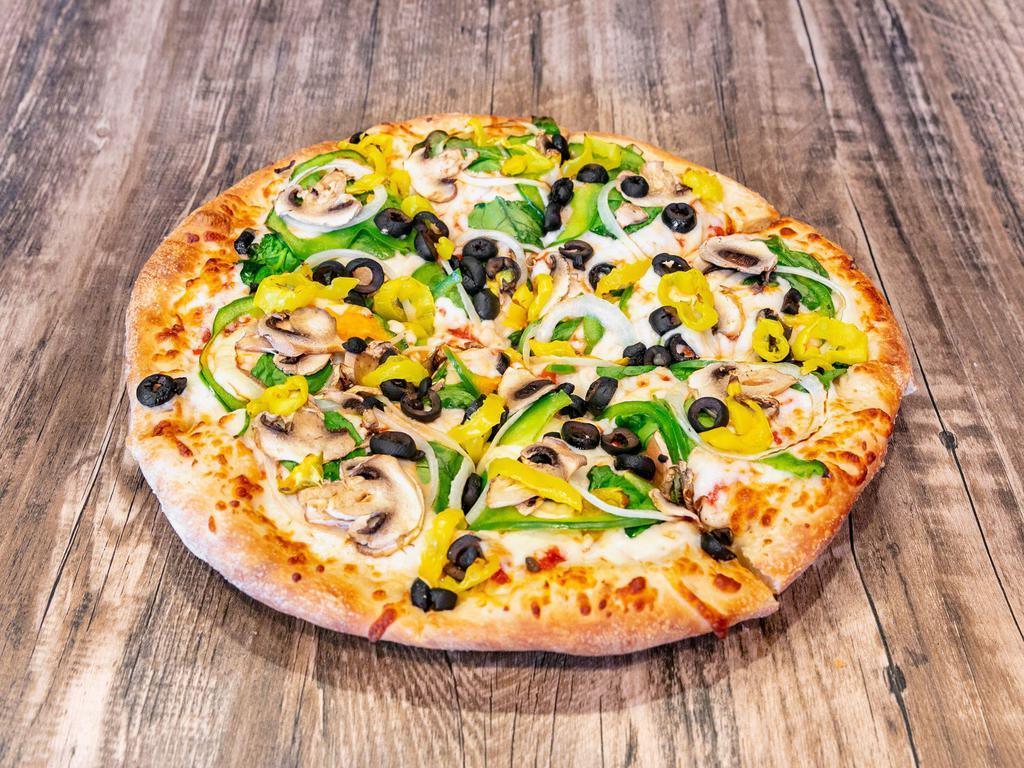 Veggie Eaters Pizza · Onions, tomato sauce, green peppers, mushrooms, olives, spinach & banana peppers.