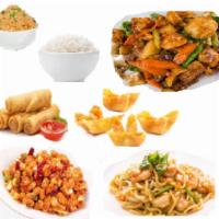 Dinner Special 3  · 4 egg rolls and 4 fried crab cheese wonton, 1 large steamed or fried rice,1 large kung pao c...