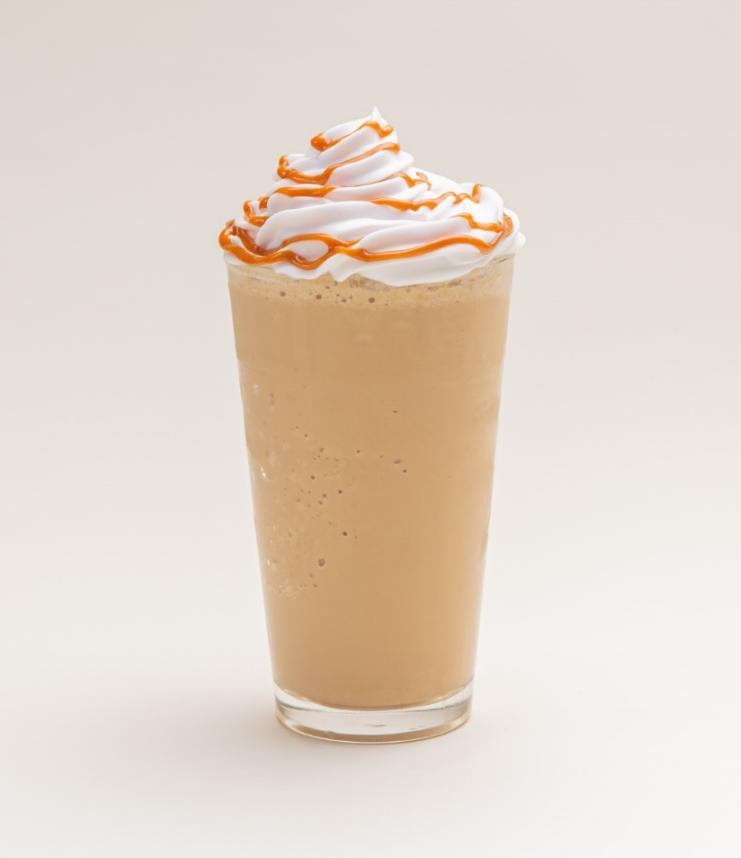 Caramel Frappe Frozen Coffee · Cold coffee blended with milk, ice, vanilla and caramel syrup.