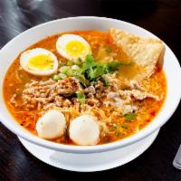 Tom Yum Noodle Soup · Choice of noodles with fish ball, minced pork, pork slices, soft boiled egg, fried wonton, b...