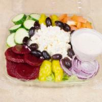 Greek Salad · Greek olives, beets, pepperoncini, feta and Greek dressing. Include romaine lettuce, cucumbe...